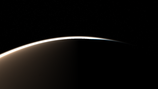 Image of Mars' terminator with the atmosphere trailing off to the night side. Stars shine above.