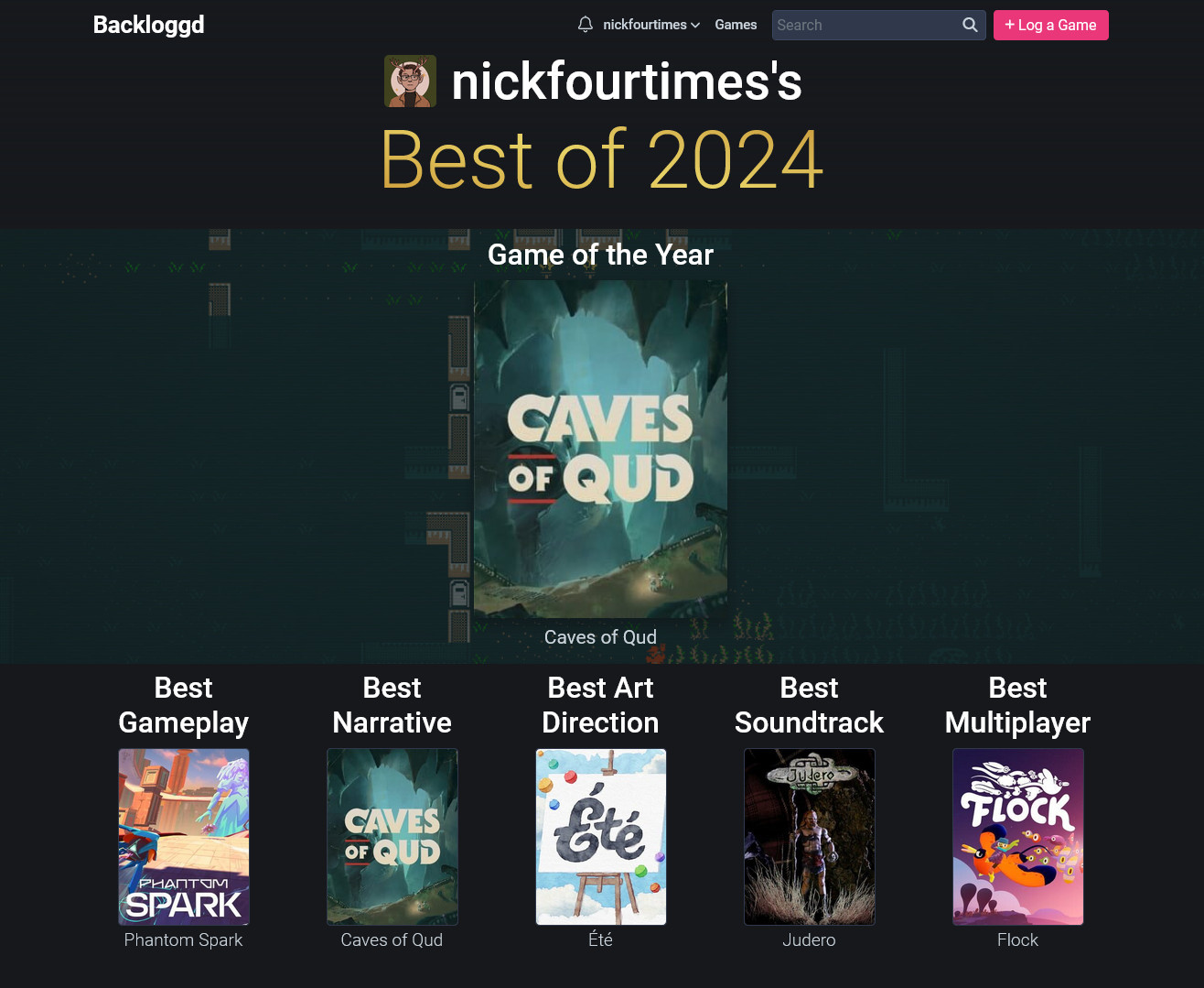 My Backloggd GOTY nominations: Caves of Qud for GOTY & Narrative; Phantom Spark for Gameplay; Été for Art Direction; Judero for Soundtrack; and Flock for Multiplayer.