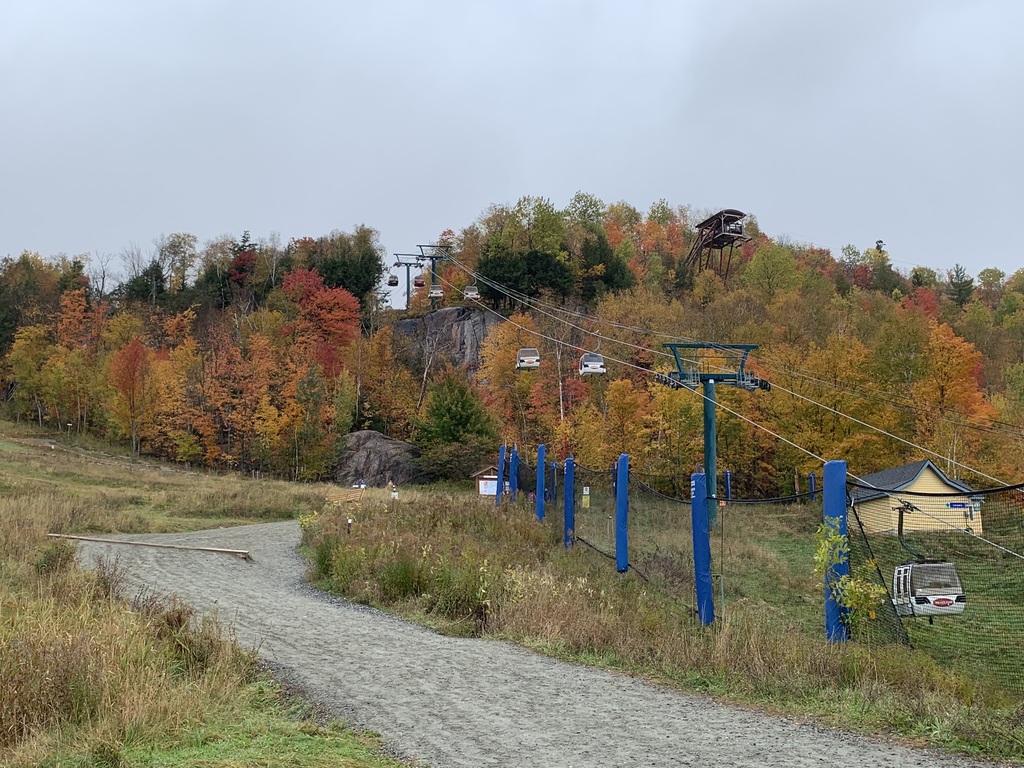 Looking up from the base of Mont Tremblant. The grass is green and the trees autumnal.