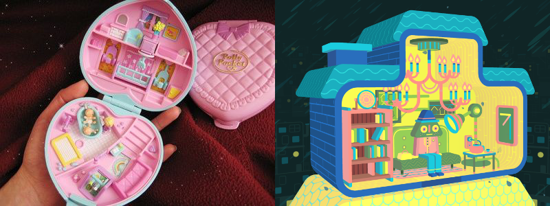 an image of a Polly Pocket toy, and an image of an interior in GNOG