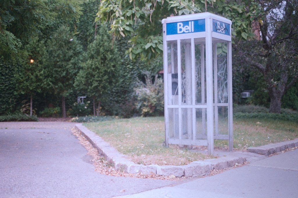 A Bell telephone booth, tagged and derelict, on a patch of grass