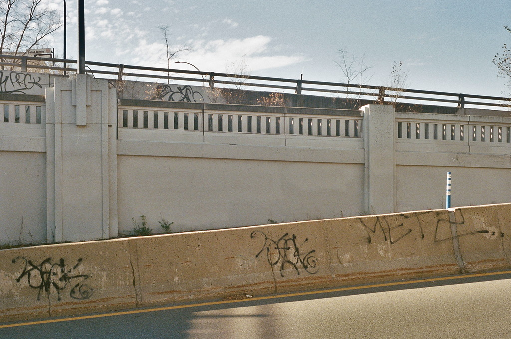 Concrete barriers around an underpass on St.-Denis