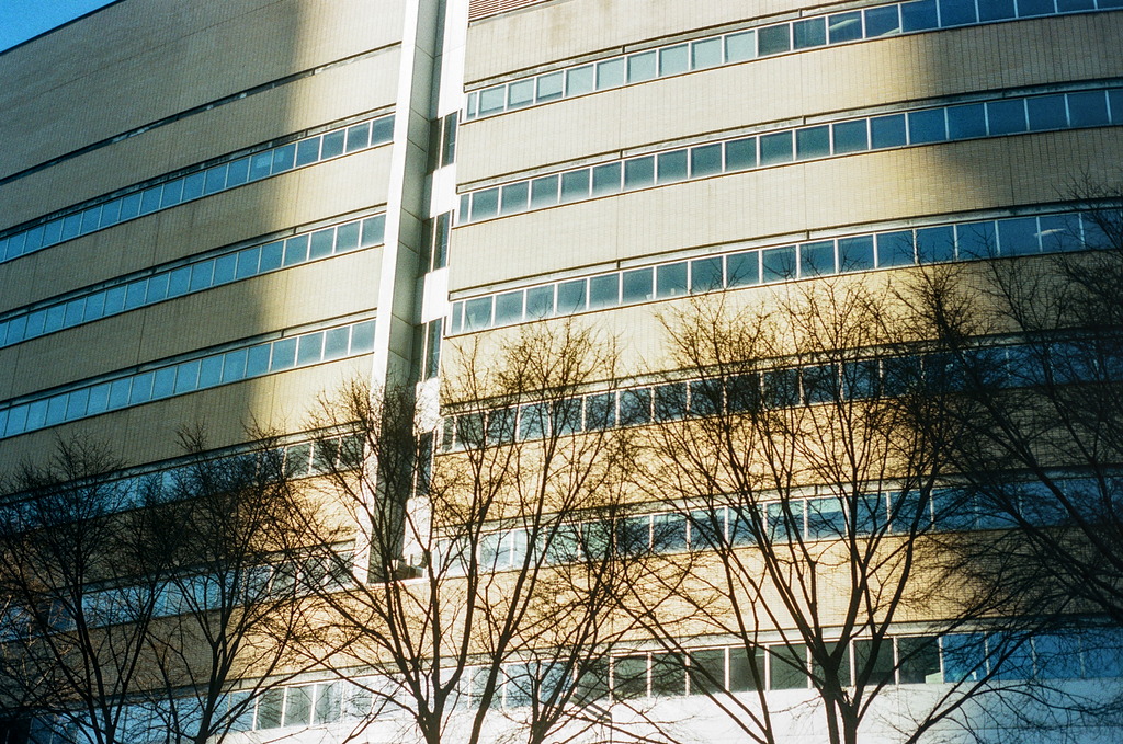 The front of the UQAM campus, lit by direct sunlight