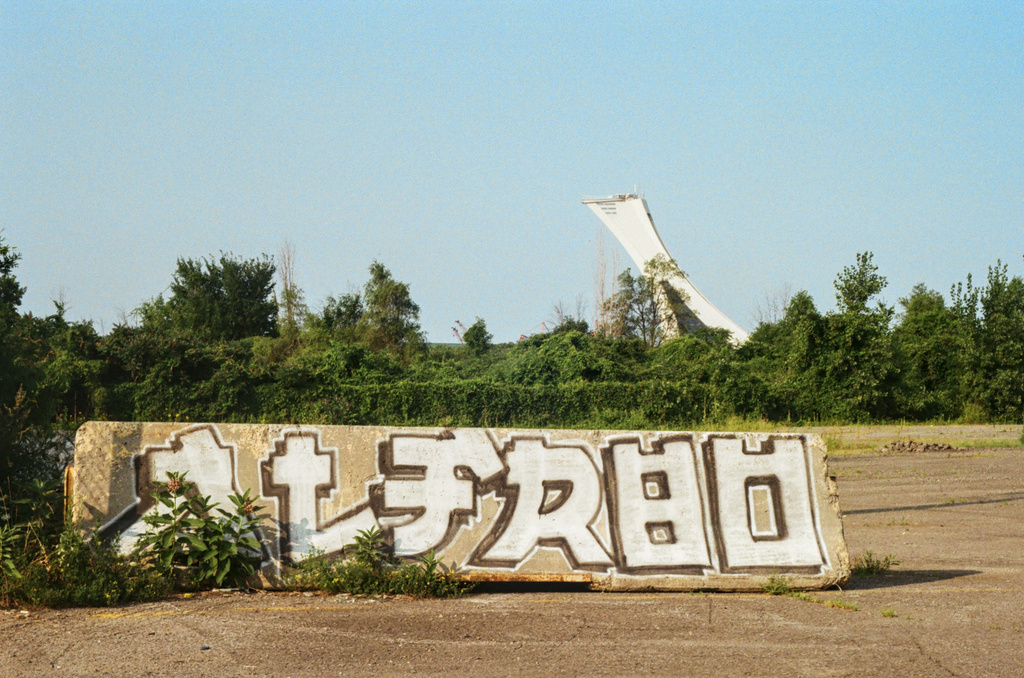 The tower of the Olympic Stadium rises over the treeline; in the foreground, a concrete barrier with graffiti