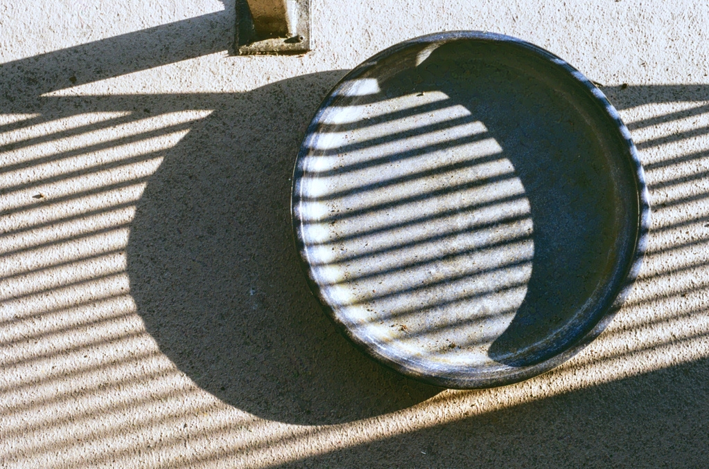 Dry bird bath with dramatic slashing shadows