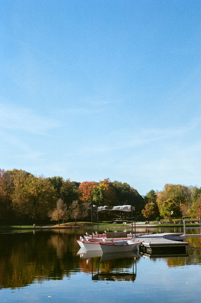 Row boats tied to a floating dock on an artificial lake