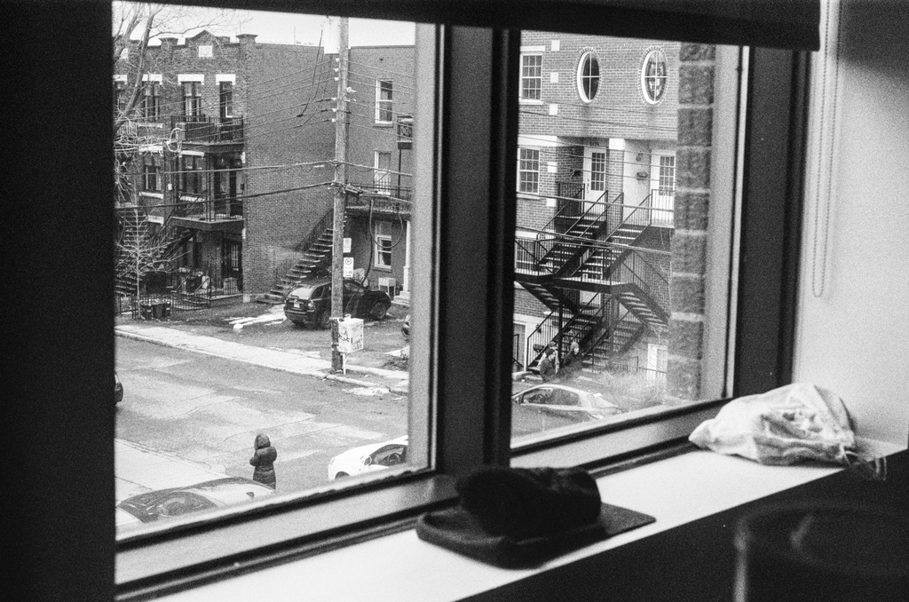 View out of an office window; groups of people pass on opposite sides of the street