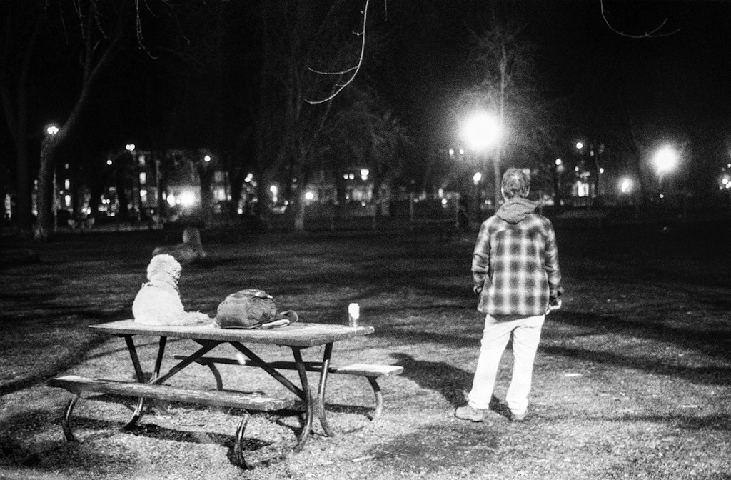 A person in a flannel coat stands next to the park bench where their dog is sitting, facing away from the camera