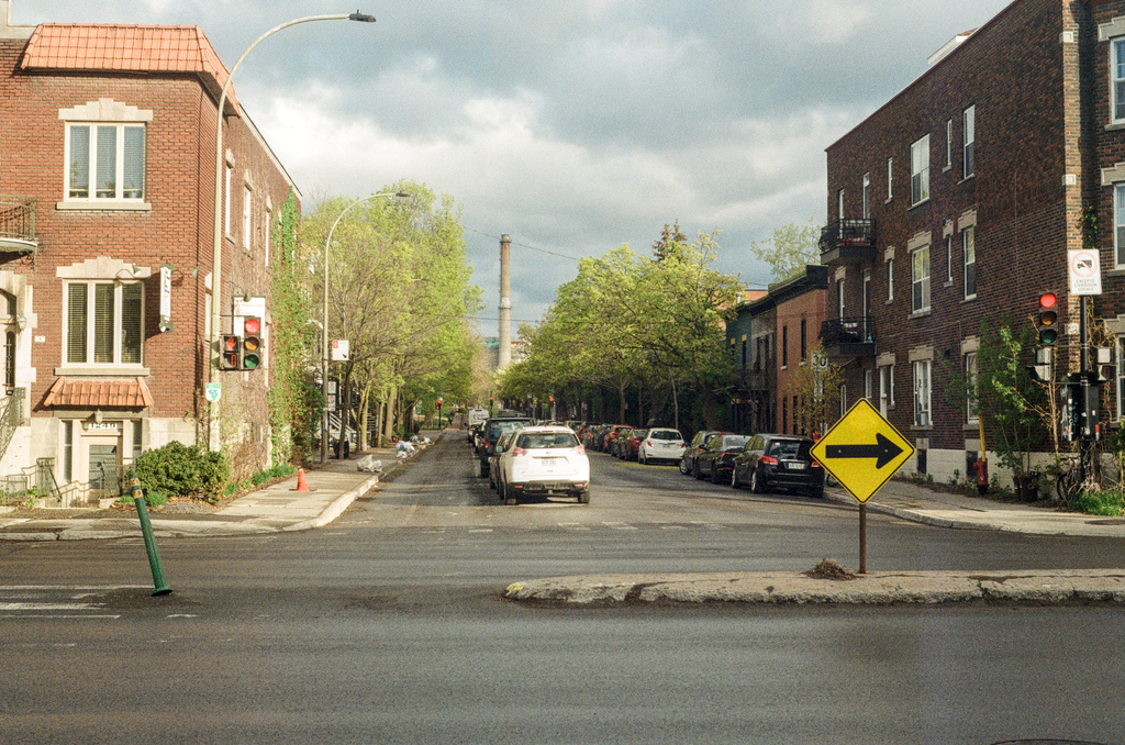 A wide intersection with a median