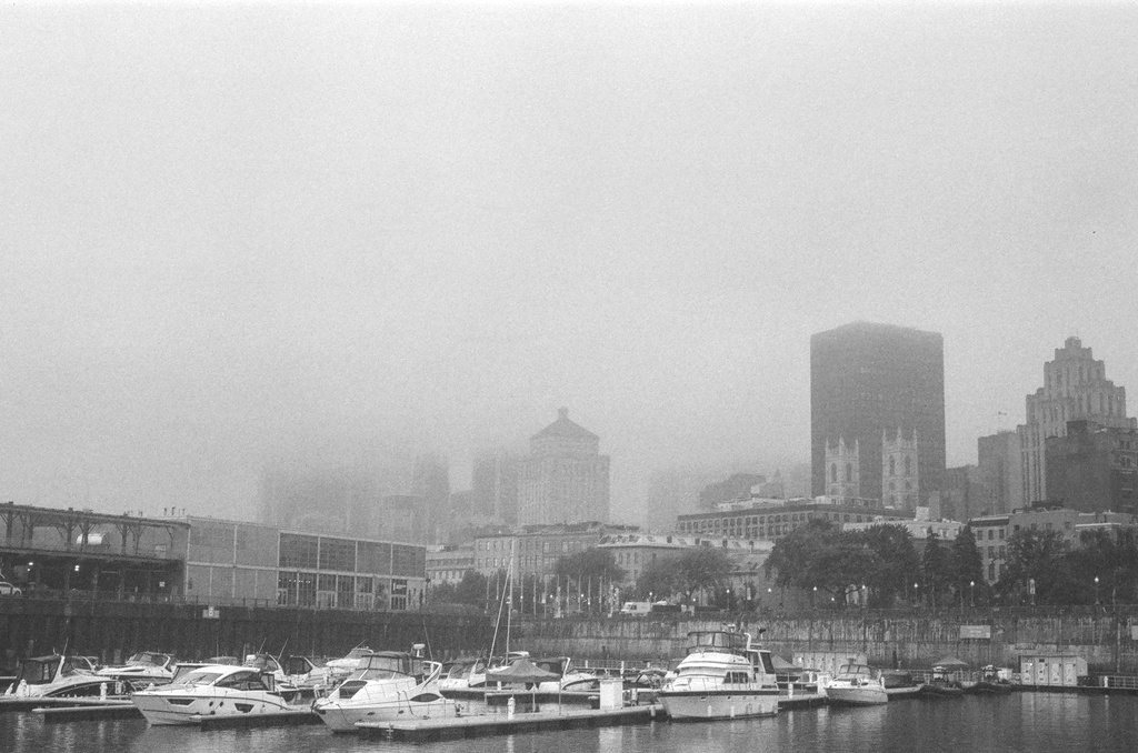 Fog shrouds the skyscrapers of downtown Montréal