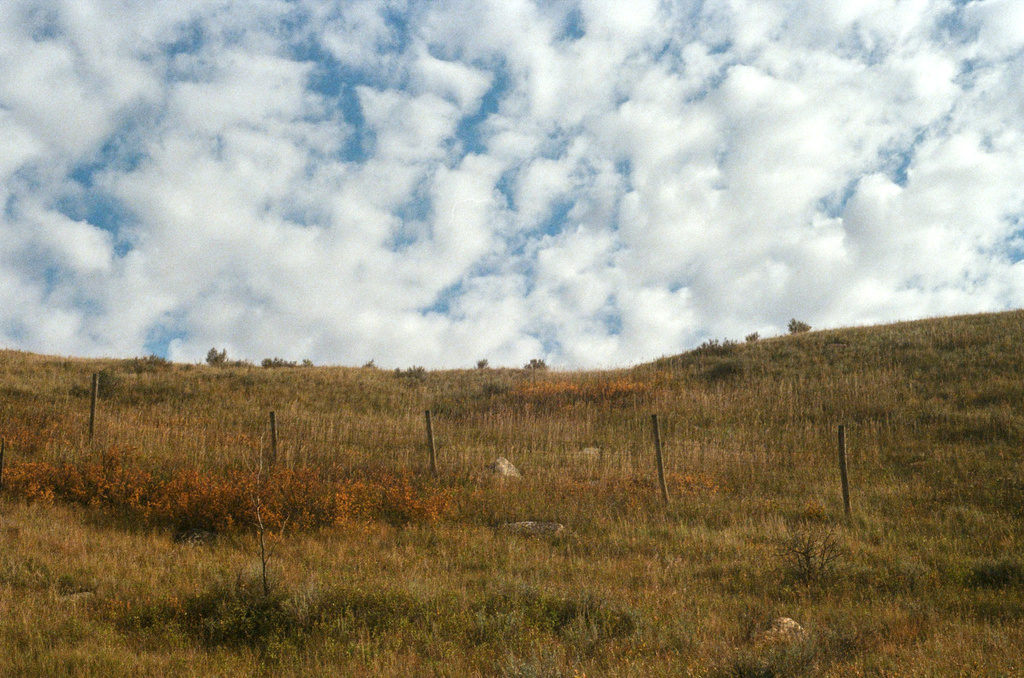 Fluffy clouds over a grassy slope, with a small fence