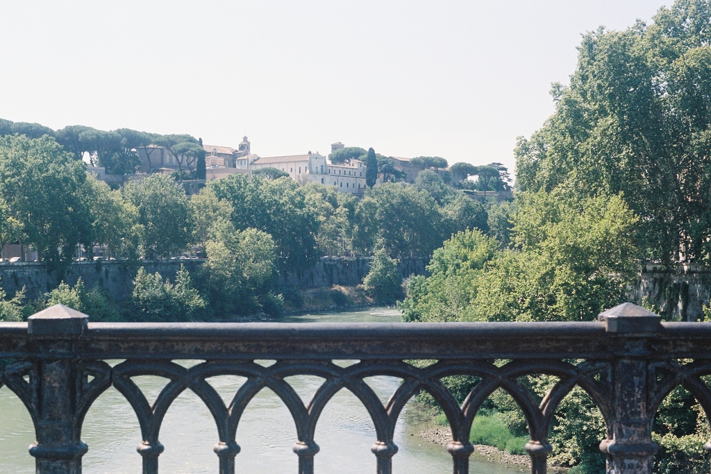 Looking over an iron fence across the river.