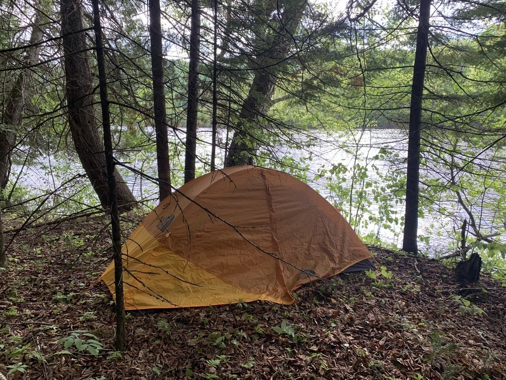 A small, orange, one-person tent among trees, by a river