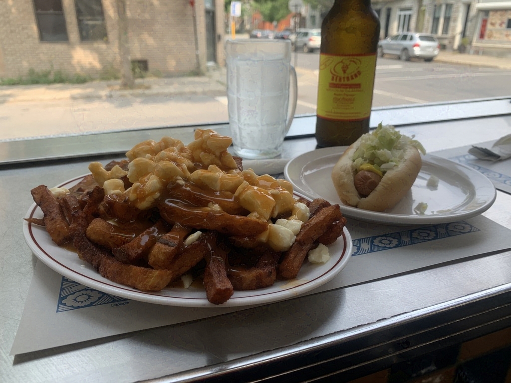 Poutine with hot dog and spruce beer