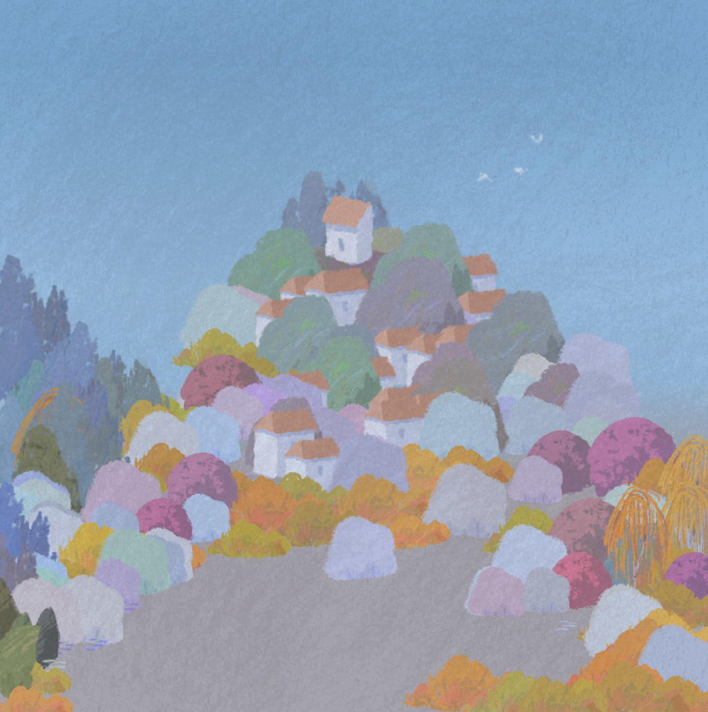 Screenshot of the game, with pastel impressionistic houses on a shrubby hill