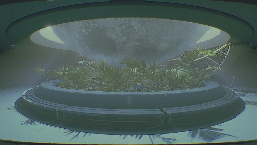 Screenshot from ROUTINE: a holographic moon dominates a waiting lounge