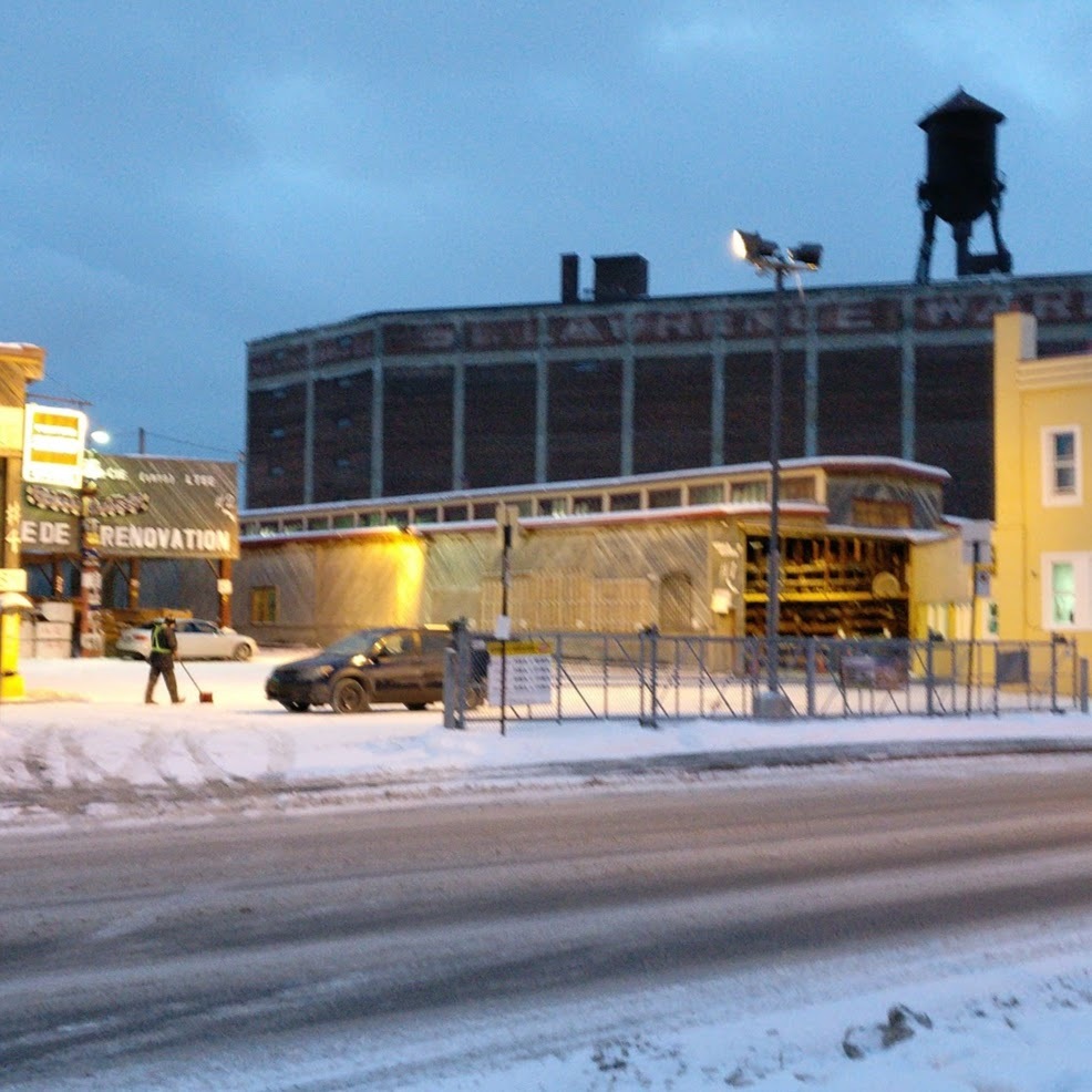A view of the Van Horne Warehouse and water tower